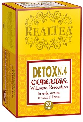REALTEA DETOX n.4 CURCUMA - Confezione Risparmio, Cartone da 12 Astucci, Tè Verde, Curcuma, Cardamomo e Scorza di Limone, 20 Filtri
