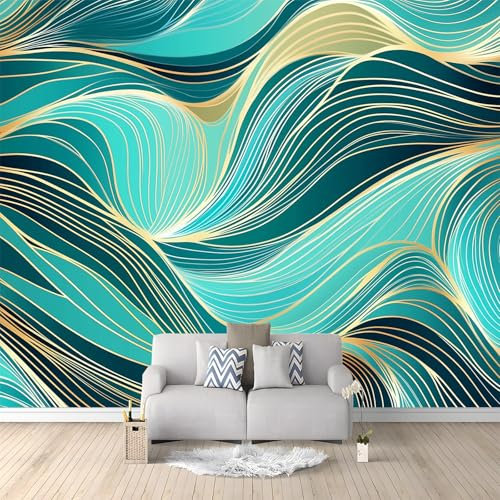 Papel tapiz panorámico 3D 300 x 210 cm Papel tapiz no tejido para Salón dormitorio infantil decoración Abstracto Líneas Doradas patrón Mural Verde Azulado Papel tapiz de fondo