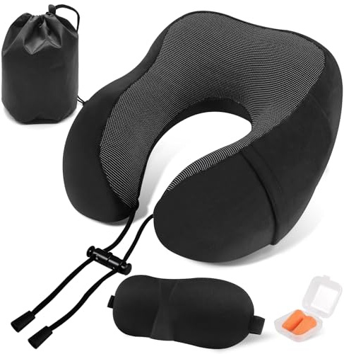 ARTREE Coussin de Voyage, Oreiller de Voyage en Mousse à Mémoire de Forme, Coussin Avion avec Masque de Sommeil Bouchons d'oreilles et Pochette de Transport, Coussin de Nuque pour la Voiture