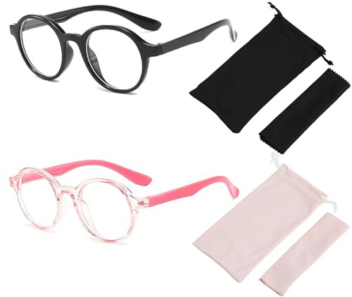 ZKFSIE 2-Piece Set Kids Blue Light Glasses with Black & Pink Case & Cloth – Stylish Kids Fake Glasses for Screen Time, Gaming & Learning | Blue Light Blocking Glasses for Kids | Lightweight & Durable