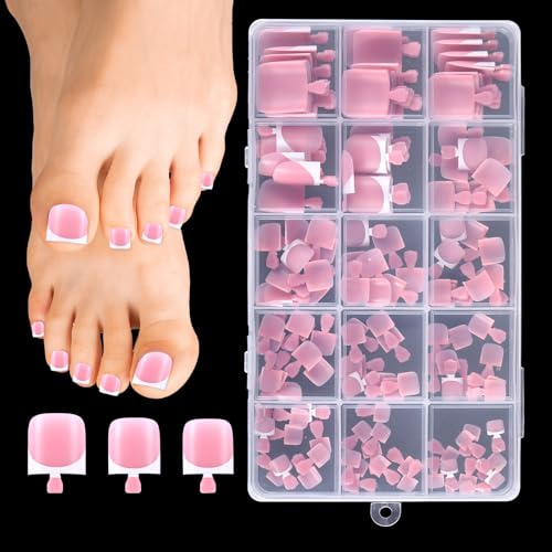 Lnngub 150 Stück Fußnägel zum Aufkleben, 15 Größen Falsche Fußnägel Kit Französische Kurze Quadratische Künstlich Zehennägel Press on Vollabdeckung Gel Zehennägel Tips für Damen Mädchen Maniküre DIY