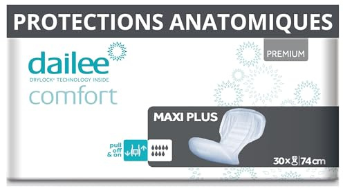 Dailee Comfort Maxi Plus – 30 Protections Anatomiques Absorbantes pour Incontinence Homme et Femmes – Couches Adultes Rectangulaire, Absorbante Incontinence 9 Gouttes – Confortables et Délicates