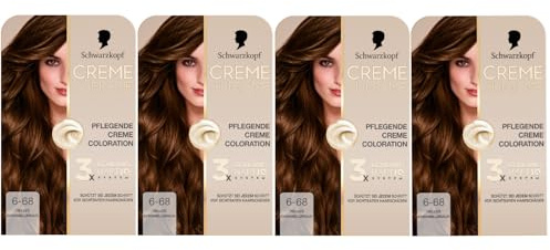 Schwarzkopf Creme Supreme Coloration 6-68 Helles Karamellbraun (4x182 ml), dauerhafte Haarfarbe mit Serum und Haar-Maske schützt vor sichtbaren Haarschäden, für 100% Grauabdeckung
