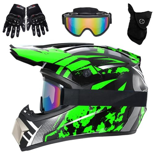 9–14 Jahre alte Jugendliche Dirt Bike Motocross Helme mit Schutzbrille Handschuhe Gesichtsmaske, 4-teiliges Set, Jungen Mädchen Mountainbike Offroad Helme, DOT-geprüft(Green Storm,L(56-57cm))