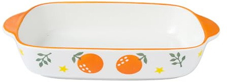 Dxcaicc Lasagne Piatto Ceramica 2PCS Teglie Carino Frutta Fresca Pesca Modello Arancione Dipinto A Mano Creativo Angolo Arrotondato Teglia da Forno A Doppio Orecchio,Arancia
