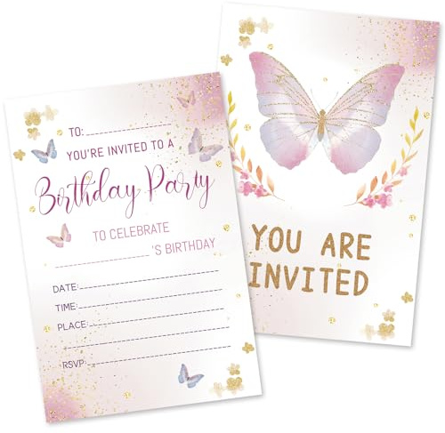 HOMANGA 20Pcs Birthday Party Invitations for Girls, Butterfly Birthday Invitation Cards with Envelopes, Party Invites for Kids Childrens Parties supplies (10x15 cm, Double-Sided)
