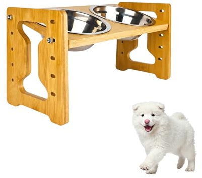 Erhöhter Futternapf Hund Holz, für Mittelgroße Hunde | Hundenapf mit Ständer, 9-Fach Höhenverstellbar mit 15° Neigung für Gesunde Fresshaltung von Hunden und Katzen