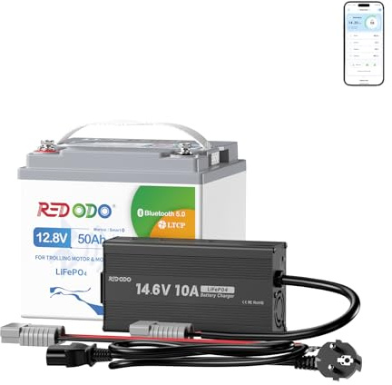 Redodo 12V 50Ah LiFePO4 Batería con Bluetooth + 14,6V 10A Cargador 640Wh BMS 50A Protección Protecciones Completas Carga Rápida en 5 Horas para Baterías 12V LiFePO4 Camping Marina y Barco