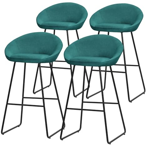 ML-Design 4x Taburetes de Bar Altos Turquesa Oscuro con Funda de Tela 75cm Sillas con Estructura Metálica Asientos de Cocina con Respaldo y Reposapíes, Sillones de barra, Mueble de Mostrador de Bistro