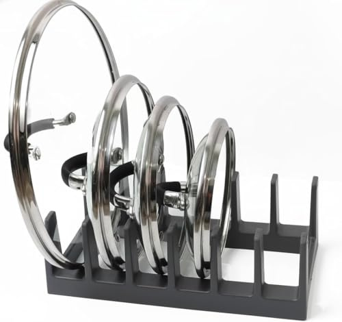 PRADICHI Pan Organiser for Cupboard – Plastic Pot Lid Holder with 6 Sections | Pot Lid Organiser | Pan Storage Organizer | Pot & Pan Racks | Kitchen Accessories (Dark Grey)