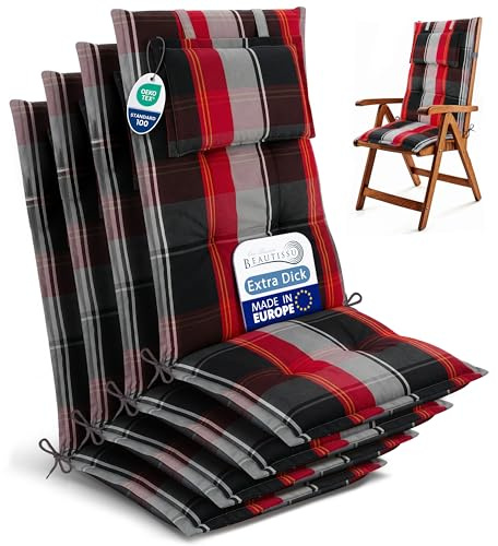 Beautissu 4er Set Gartenstuhlauflagen Hochlehner Sitzpolster robuster Stoff | 120x50cm Schwarz Rot Weiß Kariert 7cm Polster Sitzauflagen Gartenmöbel UV-Lichtecht Gartenstuhl Auflagen Garten HighLux HL