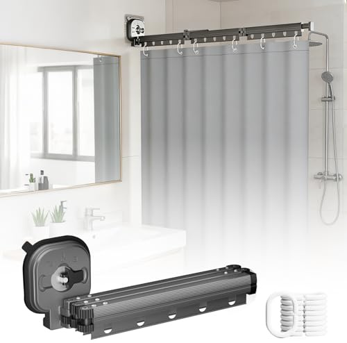 Faltbare Duschvorhangstange mit Saugnapf, Duschvorhangstange ohne Bohren, Wasserdicht Duschvorhang mit Stange, Wandmontage L/U Form Duschvorhang Stange für Ecke/Badewanne (Schwarz, 3-Segment)