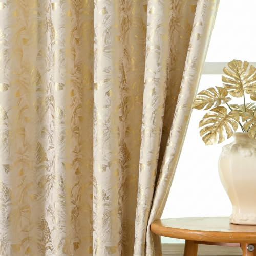Gazal Vole Cortinas Beige Doradas con Hojas Metalizadas, Al200 x An140 cm, Juego de 2 Paneles, Terciopelo Suave, Cortinas Opacas 75-80%, Ojales metálicos 4 cm, salón Dormitorio Oficina