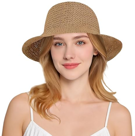 Sombrero Paja Mujer, Sombrero Playa Mujer, Sombreros Mujers Verano, Sombrero Mujers Sol para Vacaciones en Playa, Fiestas en Piscina, Senderismo y Jardinería (B-Caqui)