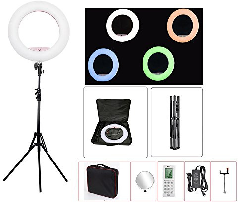 18 Zoll LED Ringlicht mit Remote Kit Dimmable RGBW Farben Foto Studio Video Portrait Film Selfie YouTube Fotografie Beleuchtung Set mit Telefon,Kamerahalter,Make-upspiegel,Stand-und Reisetasche