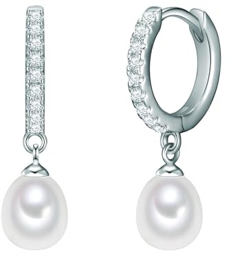 Valero Pearls Damen Ohrringe 925/- Sterling Silber | rhodiniert, Creolen, Zirkonia, weiß, Süßwasser-Zuchtperle, ca. 6,0 - 7,0 mm, weiß, tropfenförmig