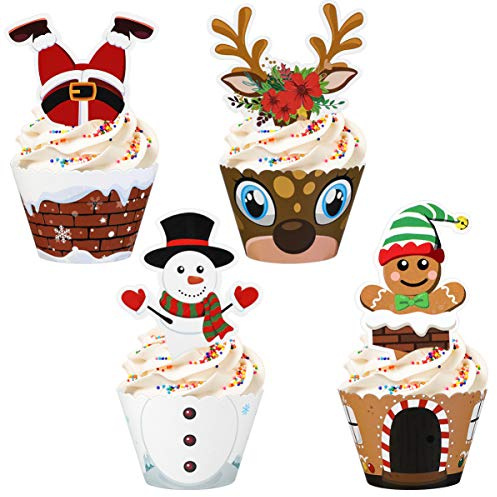 Hemoton Weihnachten Cupcake Topper und Wrapper, Weihnachtsfeier Liefert Kuchen Dekorieren Picks Schneemann/Weihnachtsmann/Rentier/Elf (36 Sätze)