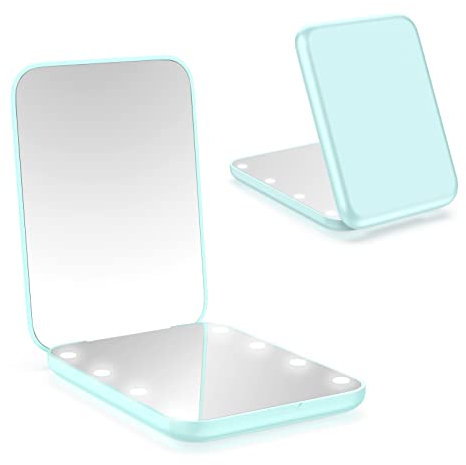 WOBSION Compact Mirror, Small Travel Makeup Mirror with Light, LED Pocket Mirrors for Purse and Handbag, 1x/3x Magnifying Handheld Mirrors, Folding, Portable, Gifts for Women, Cyan