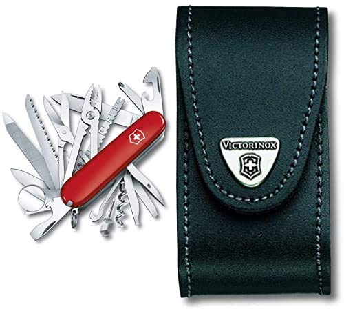 Victorinox Swiss Champ Swiss Army Knife, Medium, Multi Tool, 33 Functions, Blade, Scissors, Red & Leather Pouch for Swiss Army Pocket Knives, 3,5cm x 10cm, Black, L
