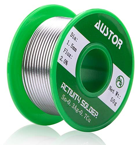 AUSTOR Lötzinn mit Flussmittel Bleifreies Lötdraht Lötzinn mit Kolophonium Löten, Kolophonium Kern Lötdraht Für Elektrische Lötarbeiten(Sn 99% Ag 0,3% Cu 0,7%, 1,5mm 50g)