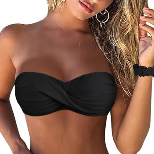 Firpearl Black Strapless Bathing Suit Tops for Women Halter Bikini Top Push Up Bandeau Swimsuit US12