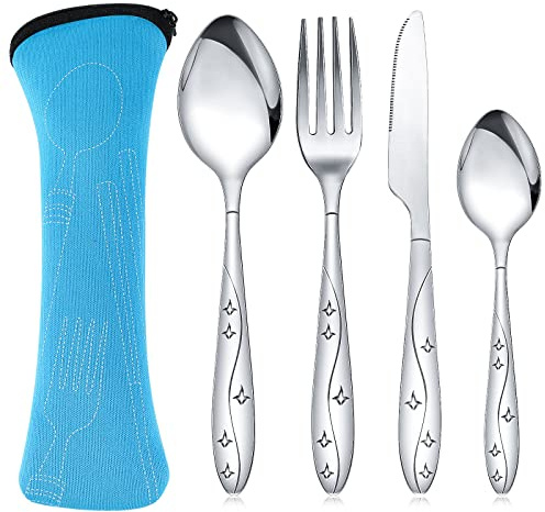 4 Pcs Cutlery Set, Camping Utensil Set, Knife and Fork Flatware Set | Stainless Steel, Includes Blue Portable Pouch Case, Dishwasher Safe, for Picnic, Camping, Travel, School, Office, Home