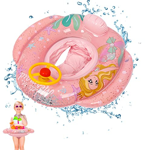 Gukasxi Kids Swimming Float for 1-6 Years, Inflatable Airship Children Swim Ring with Seat Steering Wheel and Horn, Summer Pool Waist Float Ring for Boys Girls, Pool Beach Bathtub Toy for Kids (Pink)