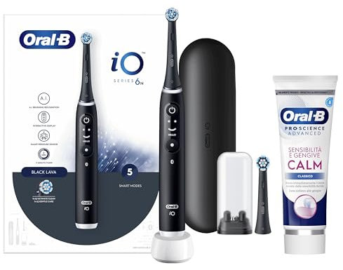 Oral-B Spazzolino Elettrico Ricaricabile iO6 Nero Con Custodia Da Viaggio, 1 Spazzolino + 1 Dentifricio Sensibilità e Gengive Calm 75ml