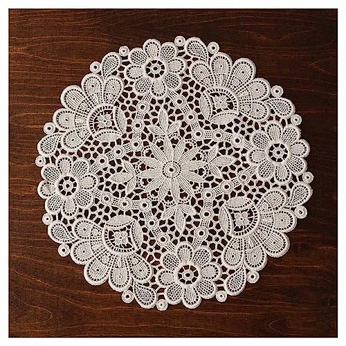 kollektion MT Tischdecke Annegret Vogtländische Spitze handgefertigte Wickeldecke in Natur | Deckchen mit Blumen-Muster | Baumwollspitze Tisch-Dekoration Handarbeit | Durchmesser 30 cm rund