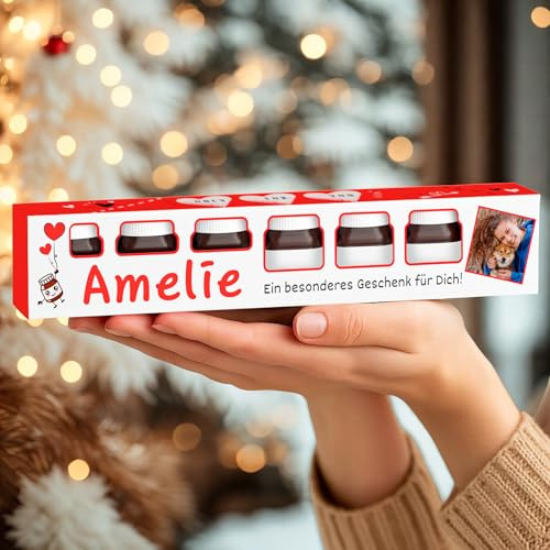 Personalisiertes Geschenkset mit 7 Mini-Gläsern (je 25g) – Schokoladen Geschenkidee mit Foto und Namen – Besonderes Geschenk für Frauen, Männer zu Valentinstag, Geburtstag, Weihnachten, Danke