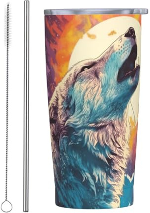 Vasos personalizados, tazas de acero inoxidable personalizadas de 20 onzas, taza de café de viaje aislada con tapa y botella de agua con pajilla, regalo personalizado para familiares amigos, lobo