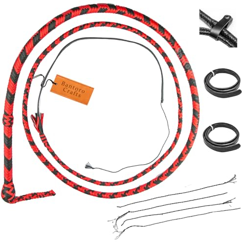 Bantoro Crafts Bullwhip in Nylon/Paracord Intrecciato Rosso e Nero con 16 intrecci Belly Whip e Supporto Interno Frusta Hard-Cracking Indiana Jones (8 Piedi (2,4 Metri))