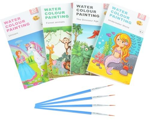DKDDSSS 80 Seiten Malbuch mit Wasserfarben für Kleinkinder, Aquarell Malbuch mit Wassertankpinsel, Mini-Aquarellbuch Wassermalbuch Malbuch Kinder Malbücher für Kinder, Malbuch Wasserfarben 4 Themen