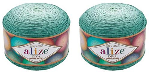 2 x 250 g Ilkadim Export Diva Batik Ombre Strickgarn mit Farbverlauf, 500 Gramm Strickwolle, Farbverlufswolle (grün 7369)
