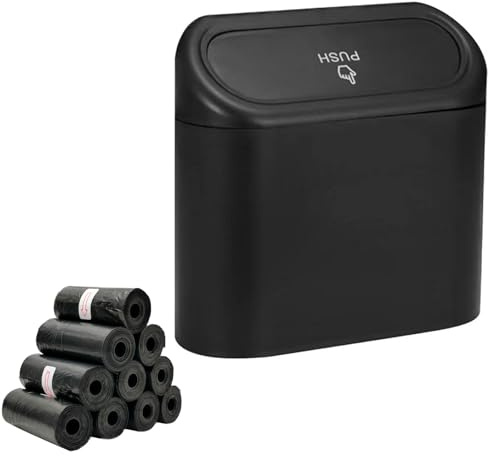 1Pc Mini Car Trash Can Bin with Lid and 150pcs Trash Bags Vehicle Trash Can | Black 1.4L Plastic Car Garbage Trash Can Storage with Push-Open Lid for Front Back Seat Accessories for Office Home Kitchen