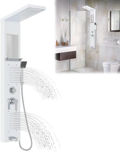 YRHome 5-in-1 Duschpaneel Edelstahl Duschsystem Duscharmatur Regendusche mit Regenduschfunktion, Aufbewahrungsfach, Zwei-in-Eins Duschkopf, flexible Handbrause & Massagefunktionen Weiß