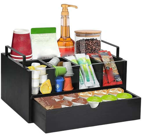 Mumisuto Classic Black Coffee Station Organiser, Wooden Caddy with 6 Compartments and 1 Drawer, Coffee Bar Accessories Organizer for Office and Kitchen Countertop