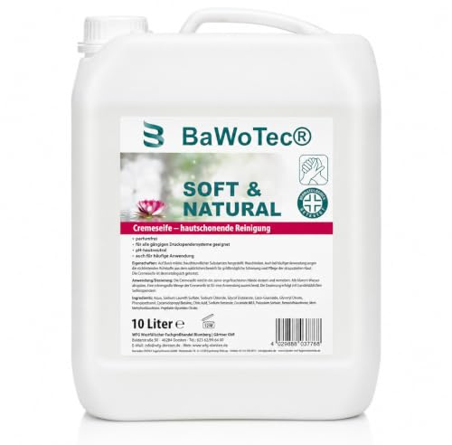 BaWoTec Cremeseife Soft & Natural 10 Liter, hautschonende milde Handseife, Nachfüllseife für alle gängigen Druckspender, ph-Hautfreundlich