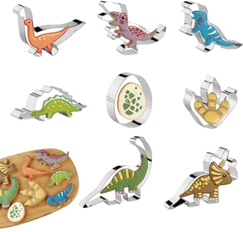 Rrlihjgu - Cortador de galletas para animales, cortador de galletas de dinosaurio, de acero inoxidable, 8 piezas, moldes para galletas, cortador de galletas, molde de pastel de dinosaurio para frutas