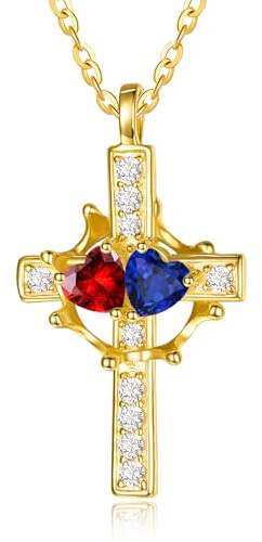 Garnet Sapphire Jewellery January September Birthstone Gold Crown Cross Necklace Sterling Silver Crown with Cross Necklace Faith Jewellery Birthday Valentine's Day Gift for Wife Mom Grandma