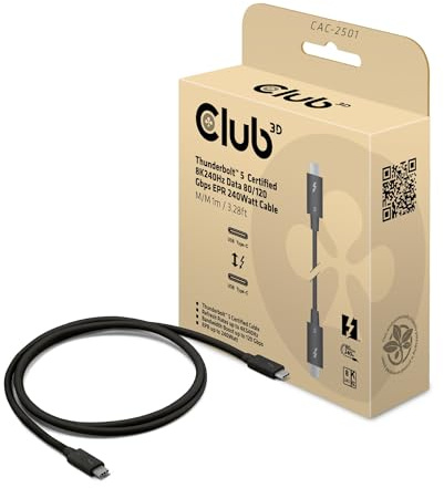 Club 3D CAC-2501 Thunderbolt™ 5-certifierad 8K240Hz data 80/120Gbps EPR 240 watt kabel M/M 1 m