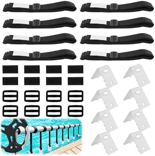 GOMETY Lot de 8 sangles de fixation et pinces - Enrouleur de piscine - Film solaire mobile - Accessoires pour système d'enroulement mobile pour bâches de piscine (8, noir)