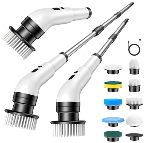 Journeyside Spazzola Elettrica per Pulizia, Spazzola Elettrica Rotante con 9 Testine Sostituibili 3 Velocità di Rotazione,Spazzola Pulizia Doccia,per Bagno,Piastrelle,Cucina e Auto, IPX7