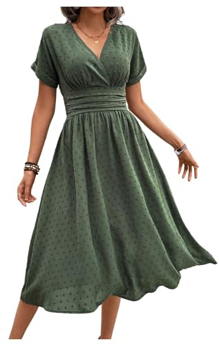 GORGLITTER Women's Wrap V Neck A Line Flowy Maxi Dress Summer Short Sleeve Ruched Smocked Holiday Beach Dresses Green Large