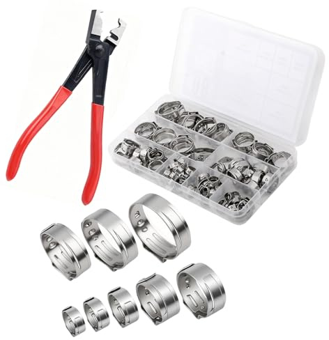 CHUIFAI 80 Stück 6-23mm Schlauchschellen Set mit Zange, 8 Größen Klemmschelle Edelstahl Schhlauchklemmen Set, Crimp Schlauchschellen Sortiment Kit für Kraftstoffleitung, Wasserrohr