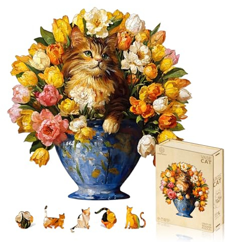 Jigfoxy Holzpuzzle Erwachsene, Katze Holz Puzzle Erwachsen, Cat in The vase Holztierpuzzle, Familie und Freunde L-31.0 * 32.3 cm-249pcs