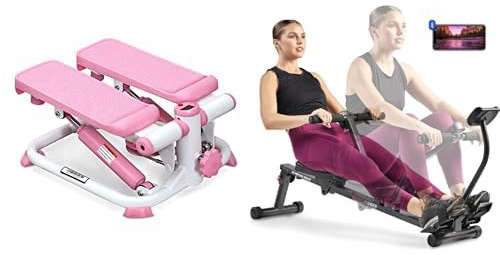 Sunny Health & Fitness Smart Compact Adjustable Rowing Machine, 12 Levels Adjustable Resistance + Exercise Stepping Machine, Portable Mini Stair Stepper