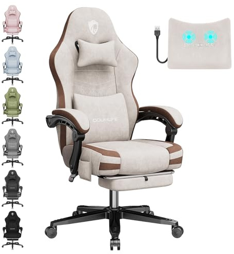 Douxlife Silla Gaming Tela con Masaje, Cojín de Asiento Ancho con Muelles Ensacados, Silla Gamer Ergonómica para PC de Oficina con Reposapiés, Capacidad de Carga de 158 kg, Beige