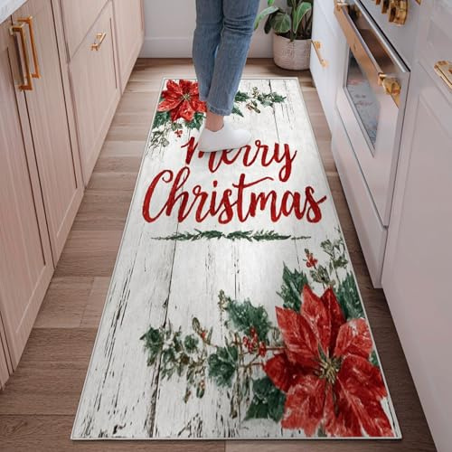 Tappeto runner a forma di stella di Natale, rustico, in legno di agrifoglio, rosso, antiscivolo, bordatura per la casa, rettangolare, per cucina, ingresso, lavanderia, comodino, decorazione da 6 x 1,8