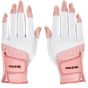 MAZEL Ladies Open Finger Golf Gloves Left and Right Hand with Non-Slip Palm,Premium PU and Breathable Mesh Fabric Women Fingerless Glove Fit S M L XL